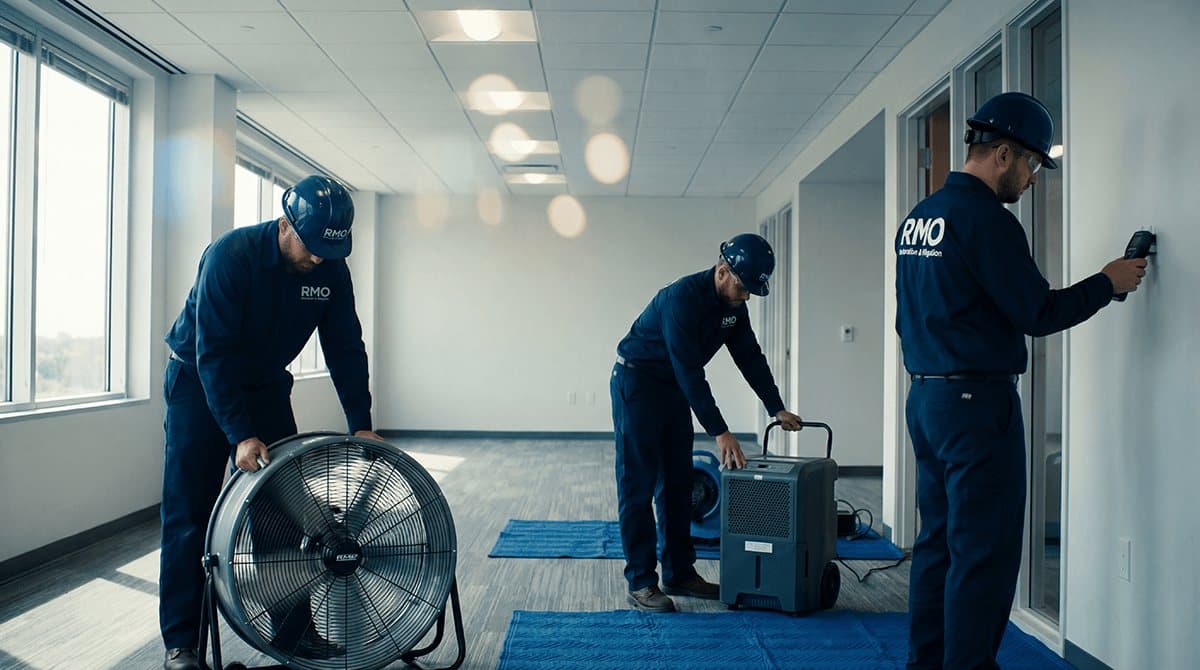 Air movers drying an office while a technician checks the wall with a moisture meter