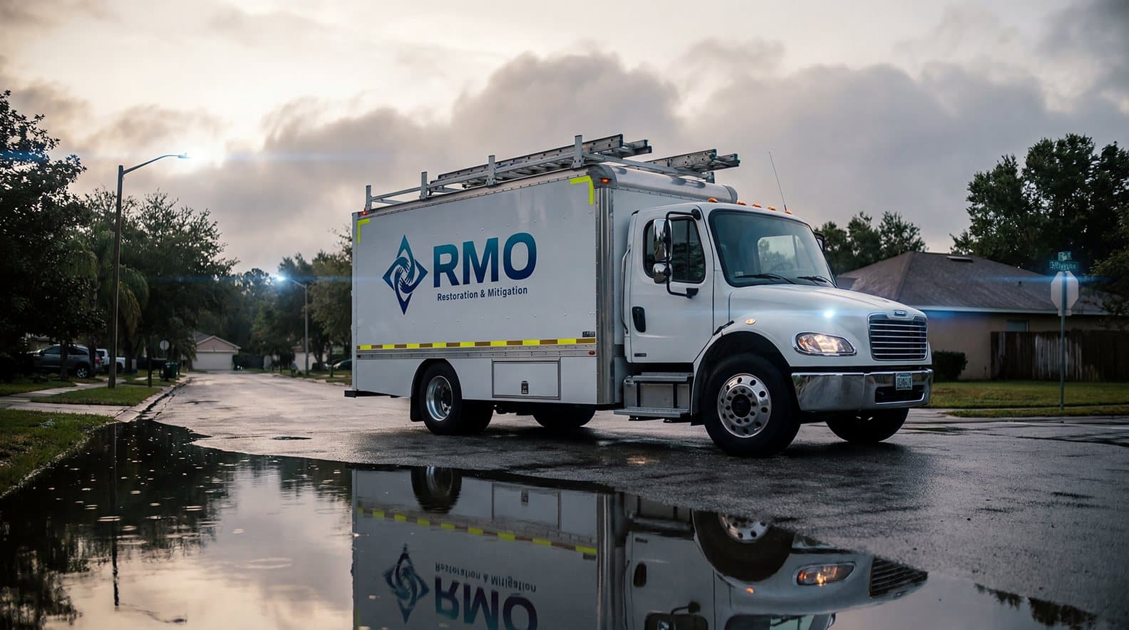 RMO box truck on a rain-soaked road after a storm