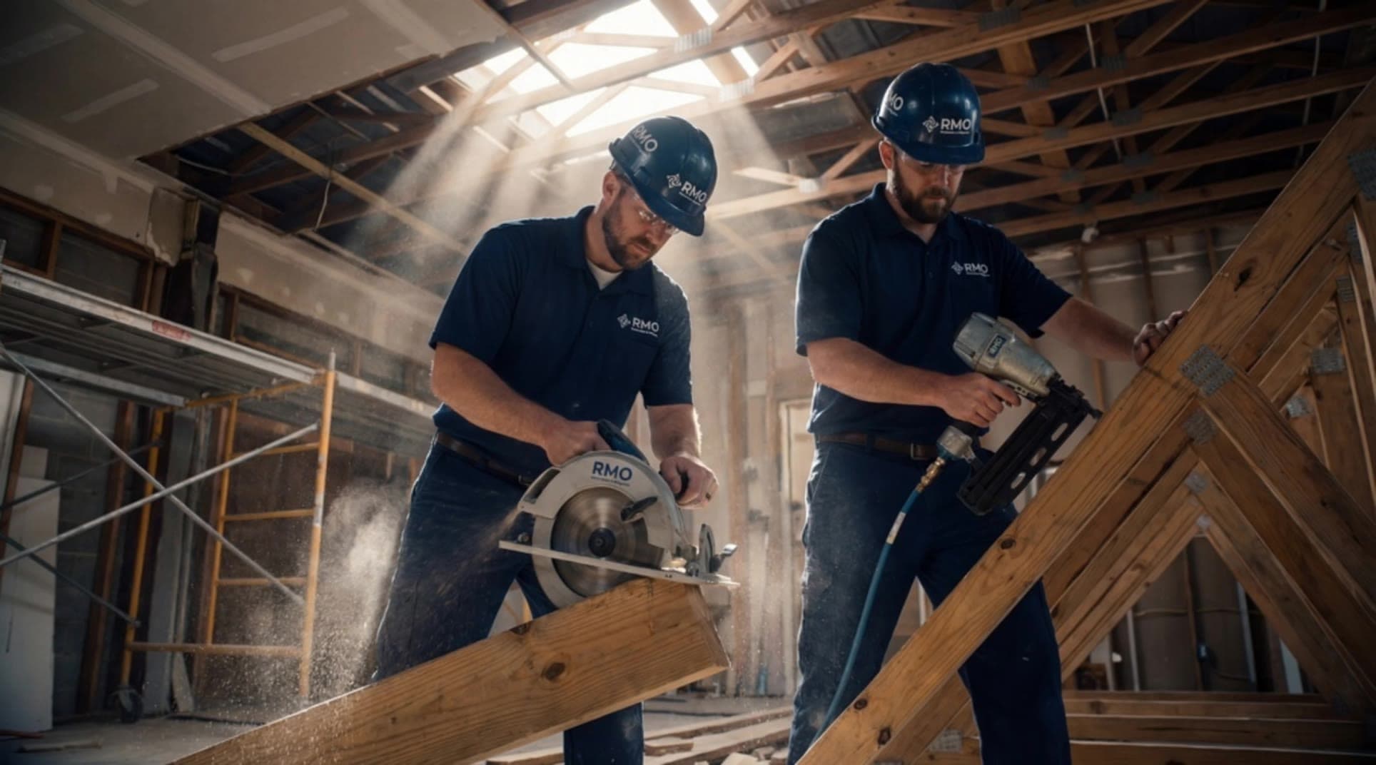Two RMO carpenters cutting and fastening lumber in an attic