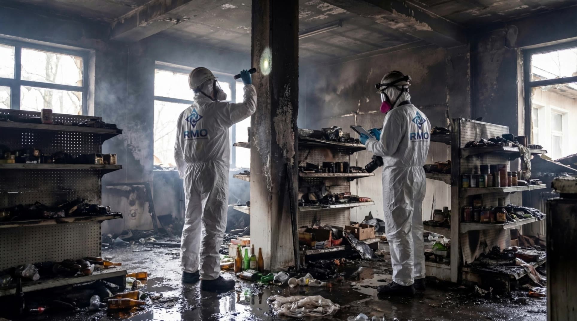 Two RMO technicians in protective suits inspecting a fire-damaged store