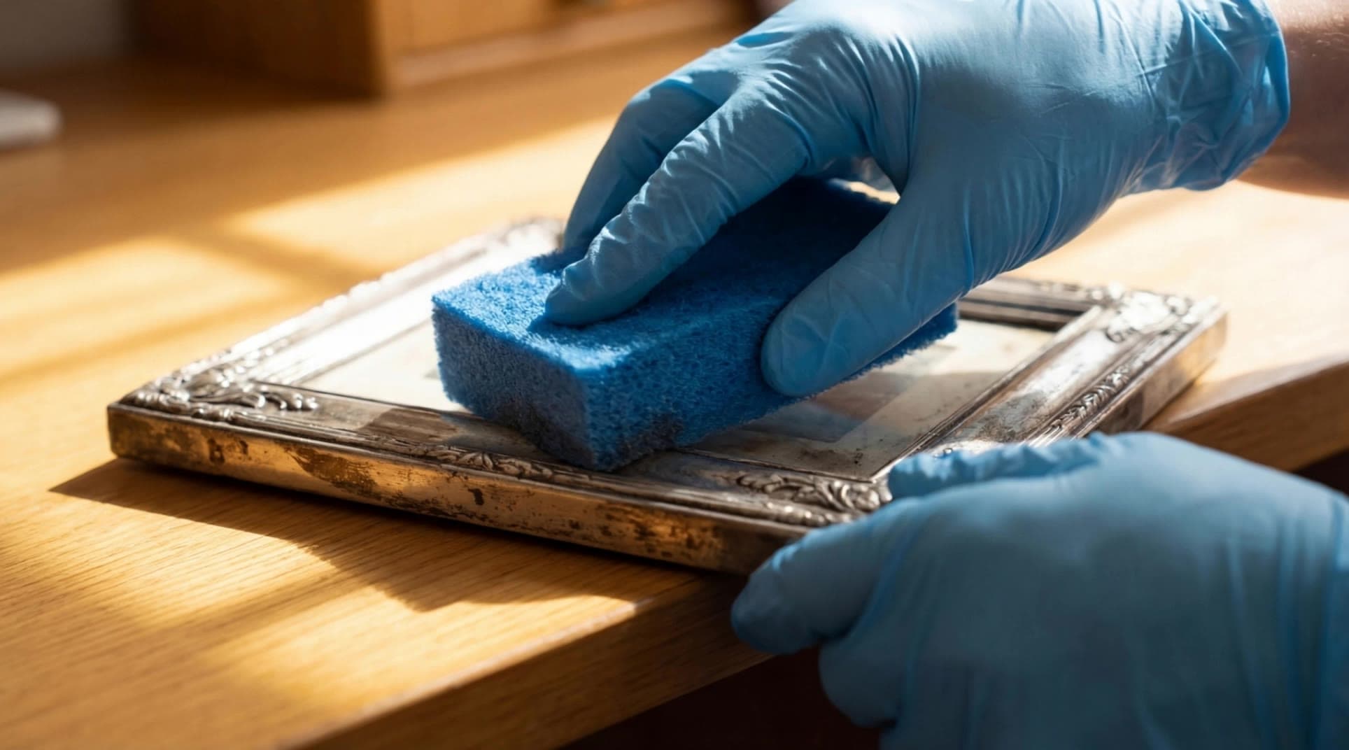 Gloved hands cleaning a silver picture frame