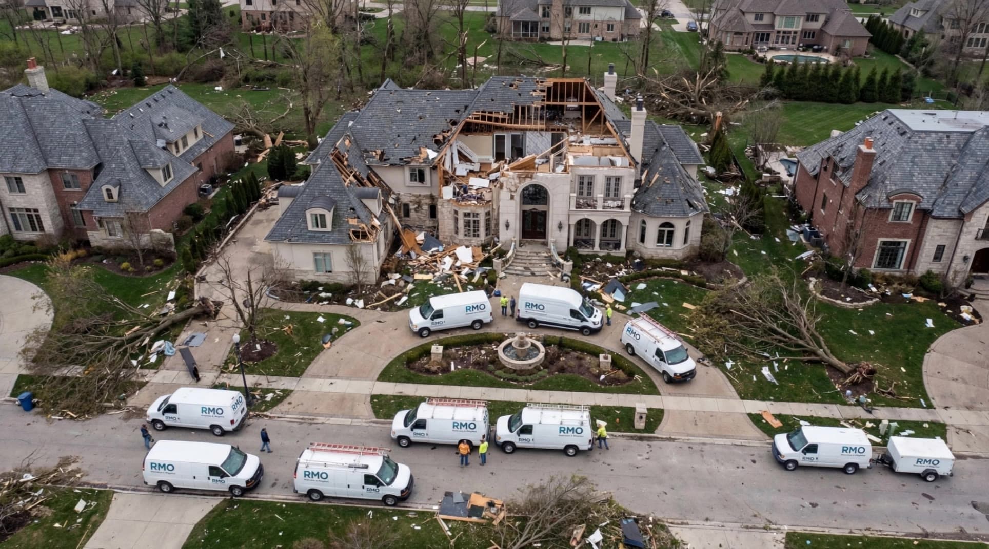 Aerial view of RMO vans outside storm-damaged homes
