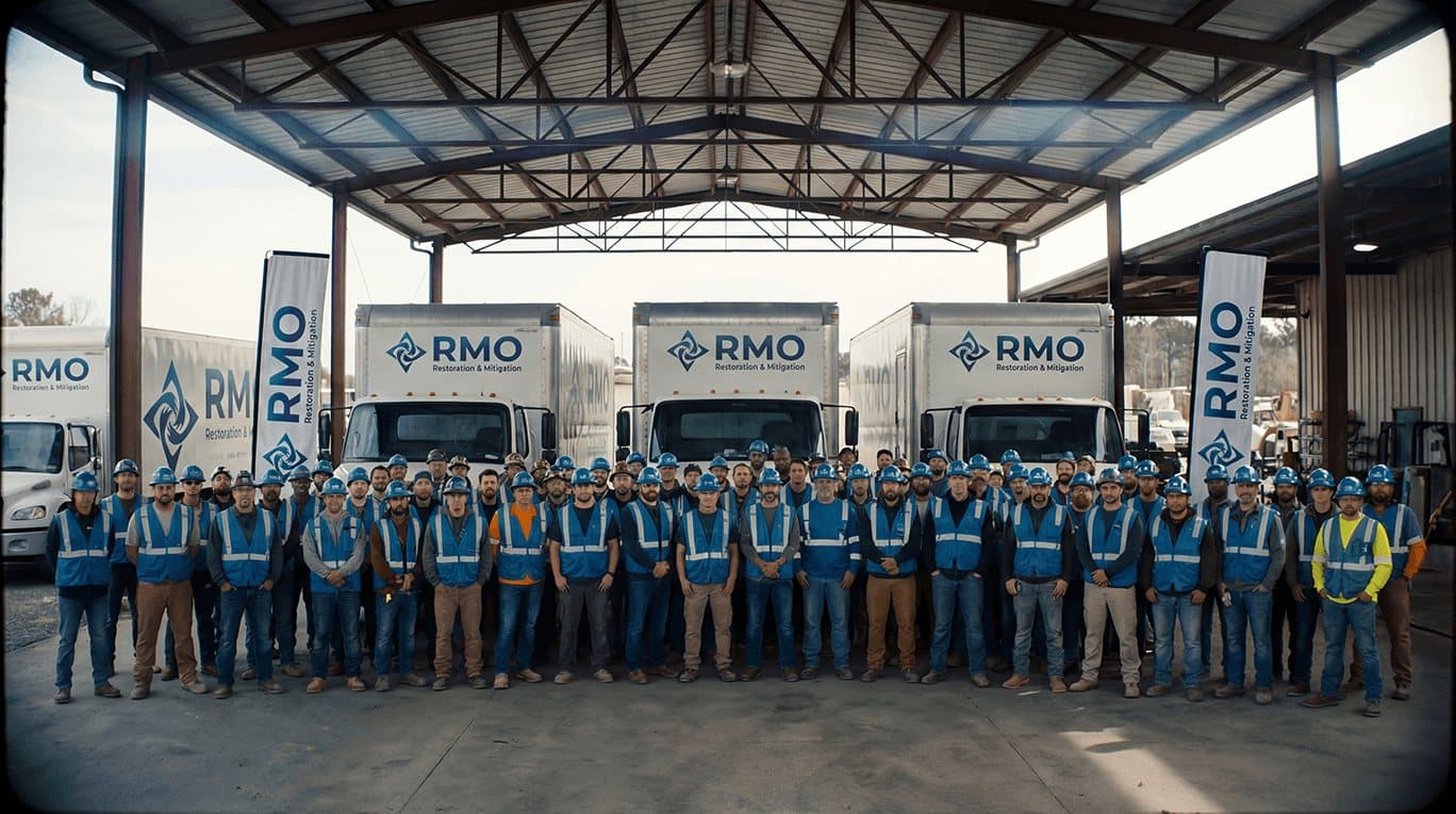 RMO crew in high-visibility vests lined up in front of three RMO box trucks