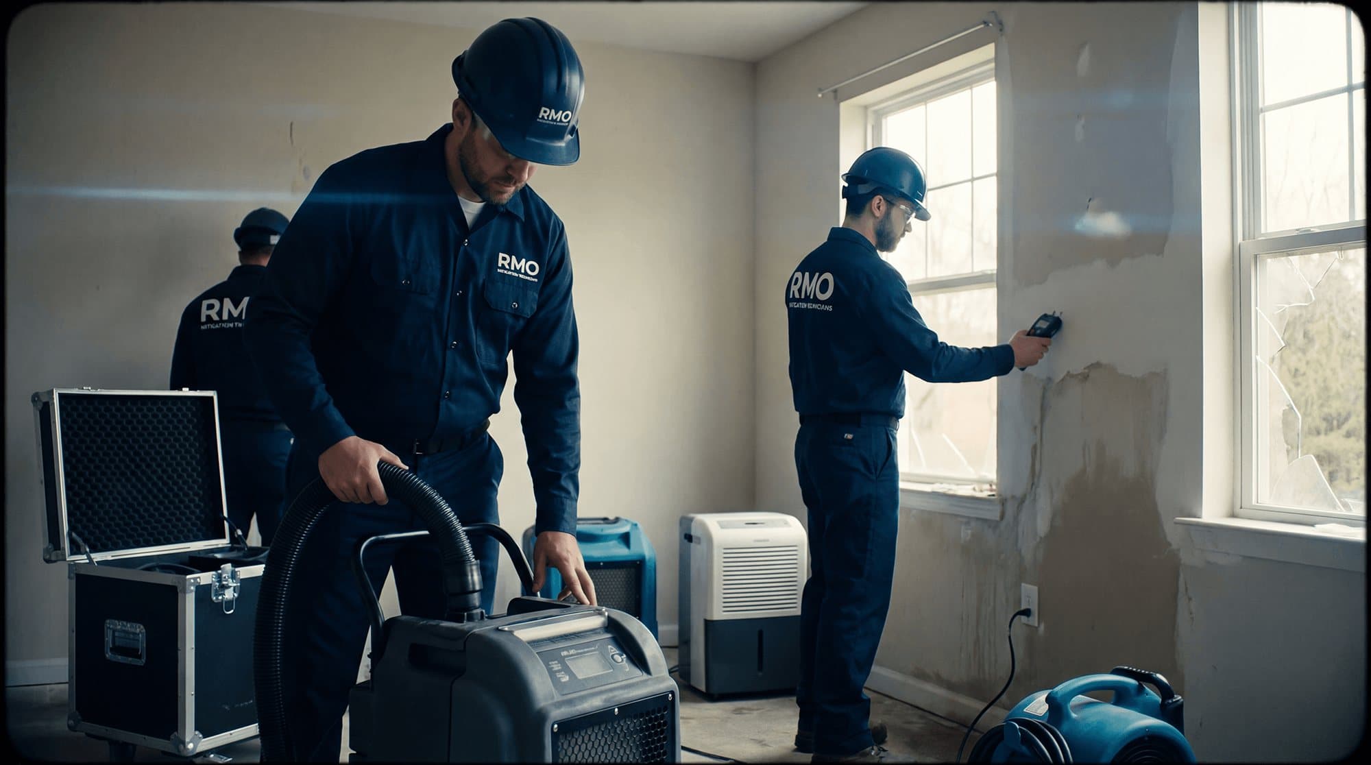 RMO technicians setting up dehumidifiers and air movers in a water-damaged room