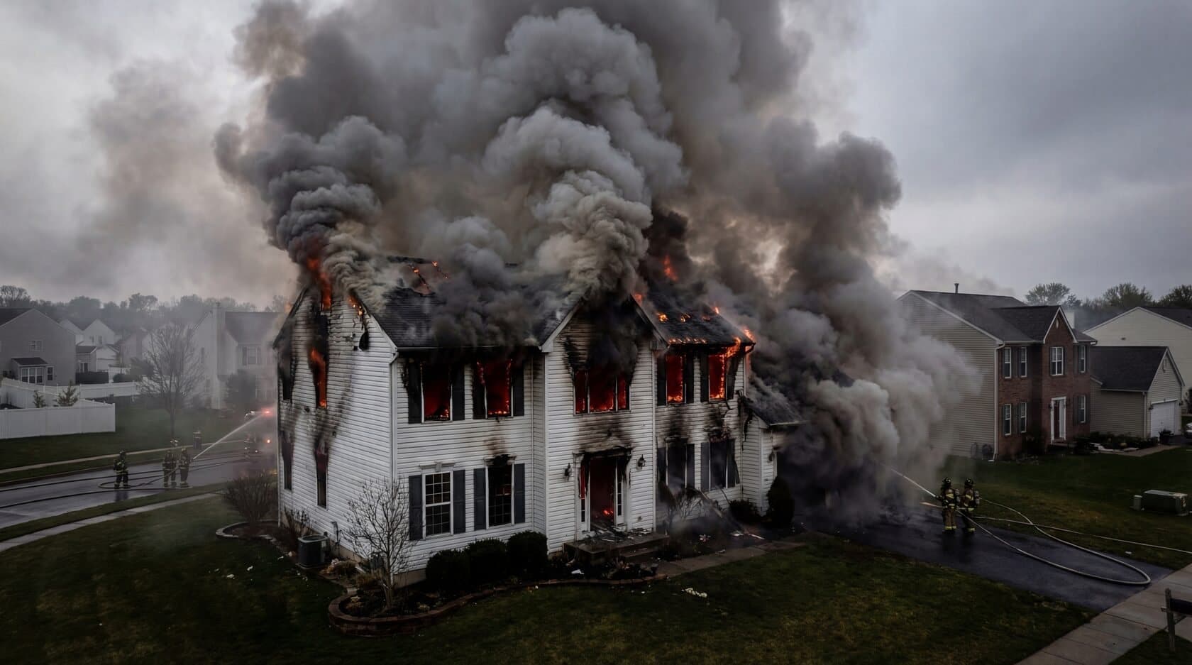 Smoke pouring from a burning two-story house