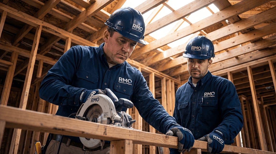 Two RMO carpenters cutting lumber during a rebuild