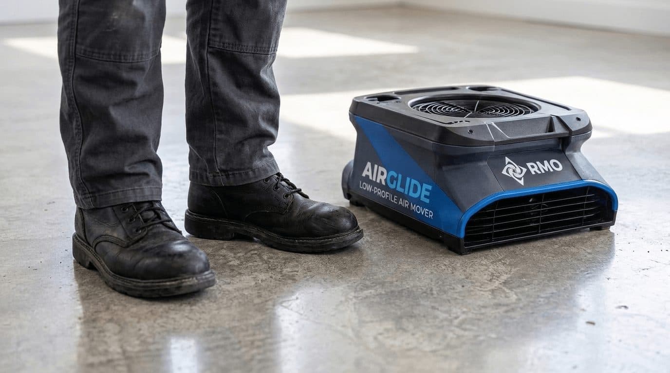 An RMO air mover drying a concrete floor beside a technician's work boots