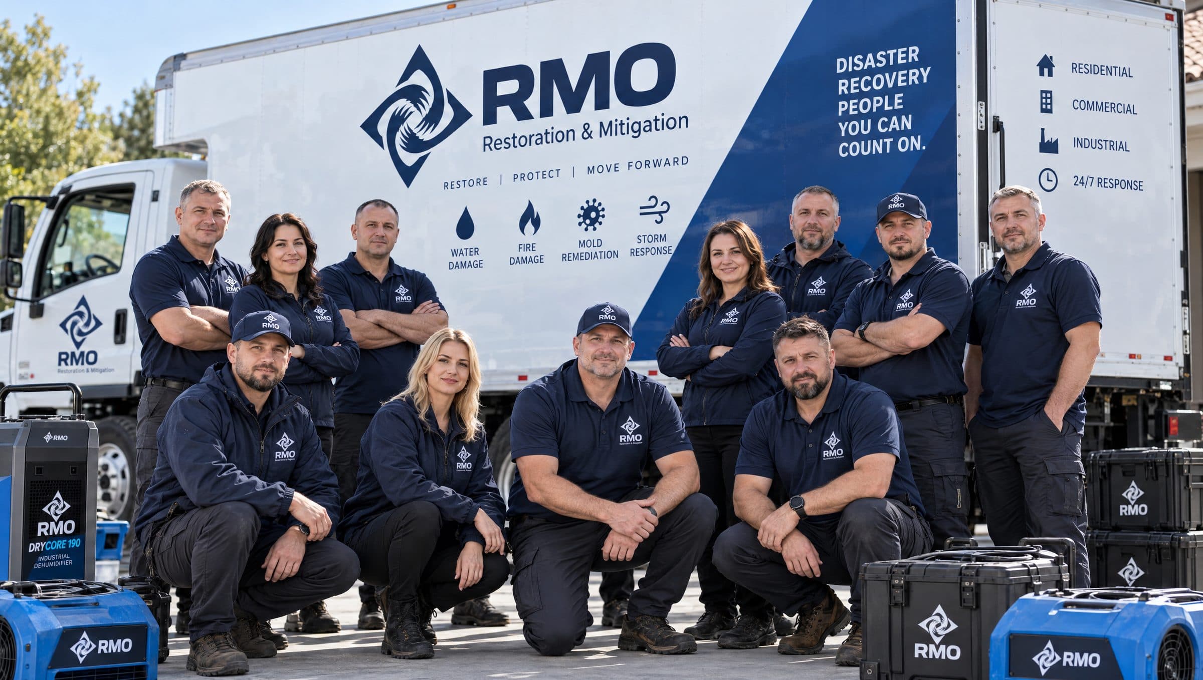 The RMO crew with drying equipment in front of a truck reading Disaster recovery people you can count on
