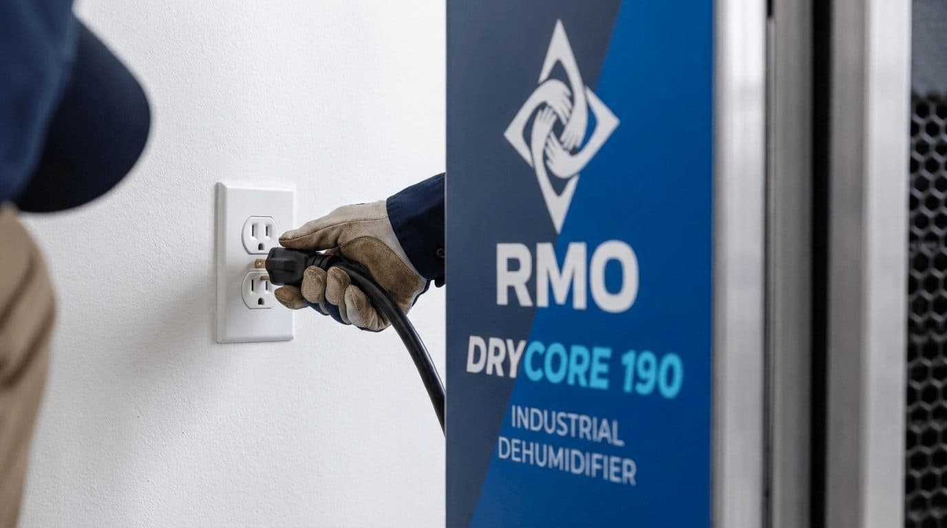 Gloved hand plugging in an RMO industrial dehumidifier
