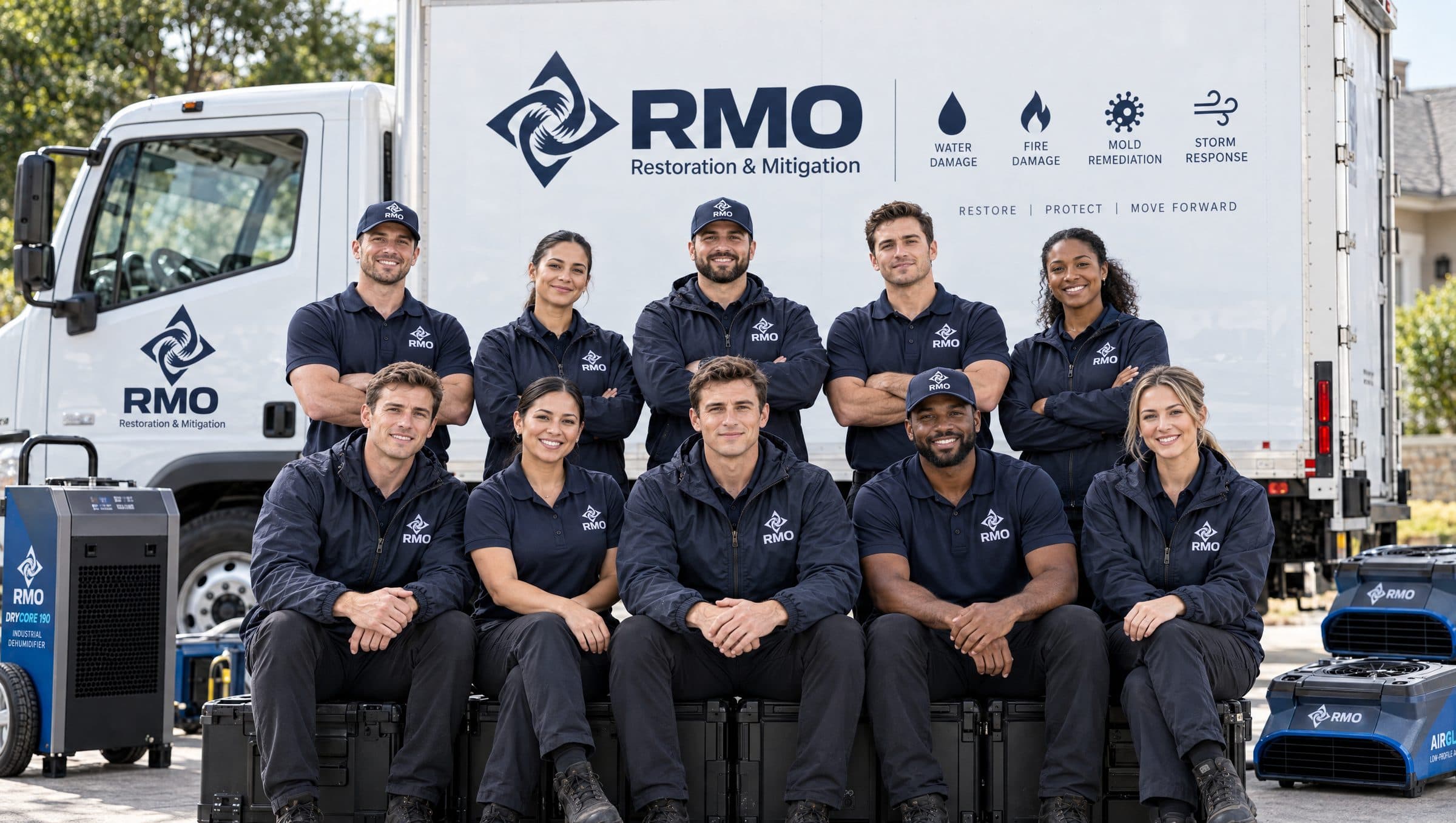 The RMO team in navy uniforms in front of an RMO box truck