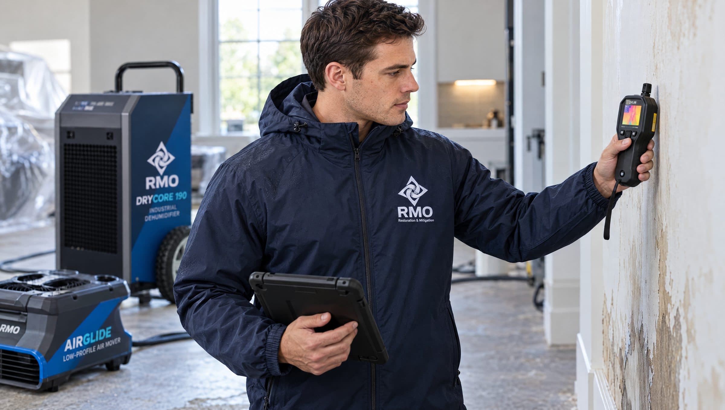 RMO technician checking a water-stained wall with a moisture meter, drying equipment behind him