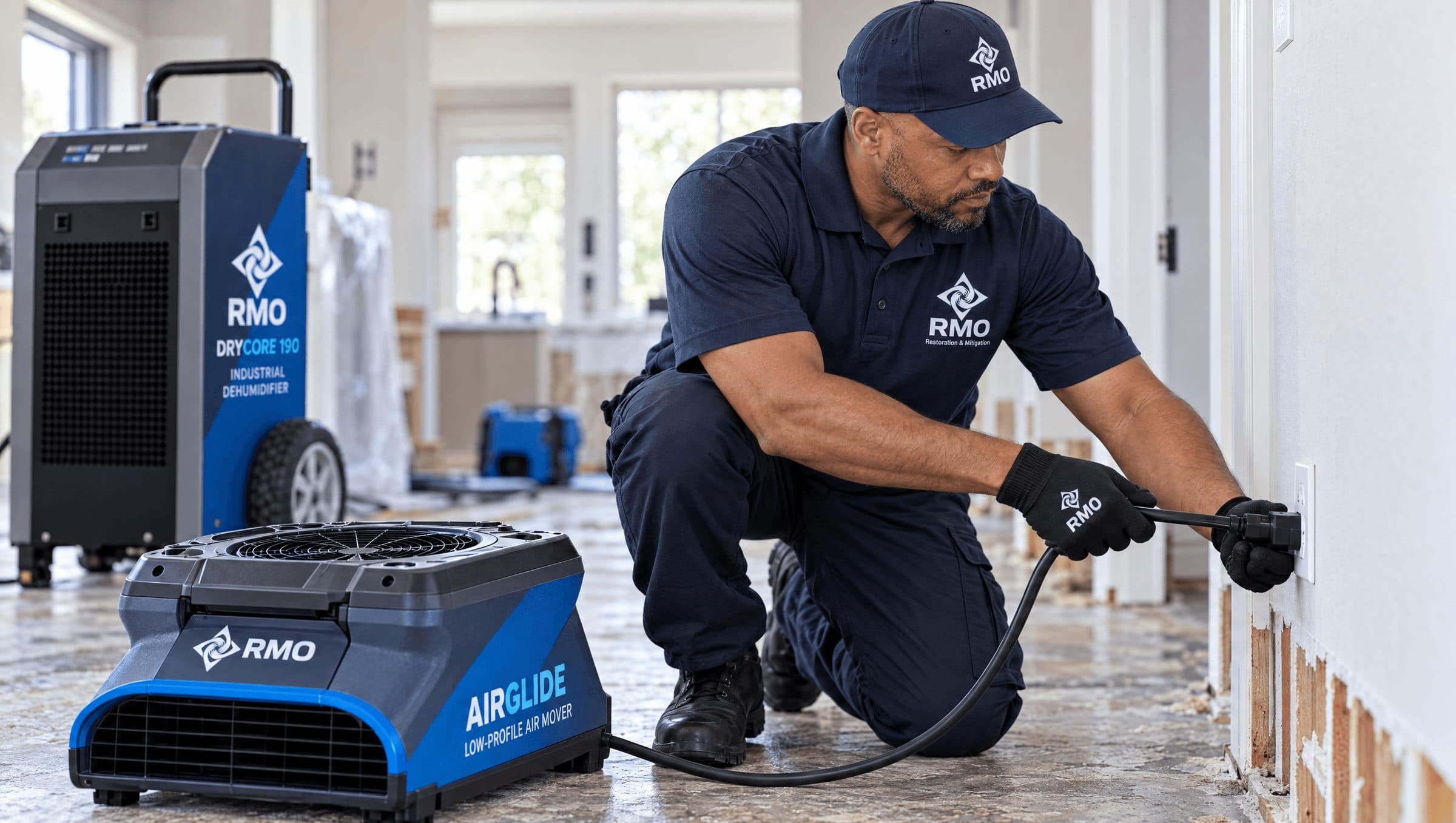 RMO technician plugging in an air mover beside a dehumidifier in a room with the drywall cut away
