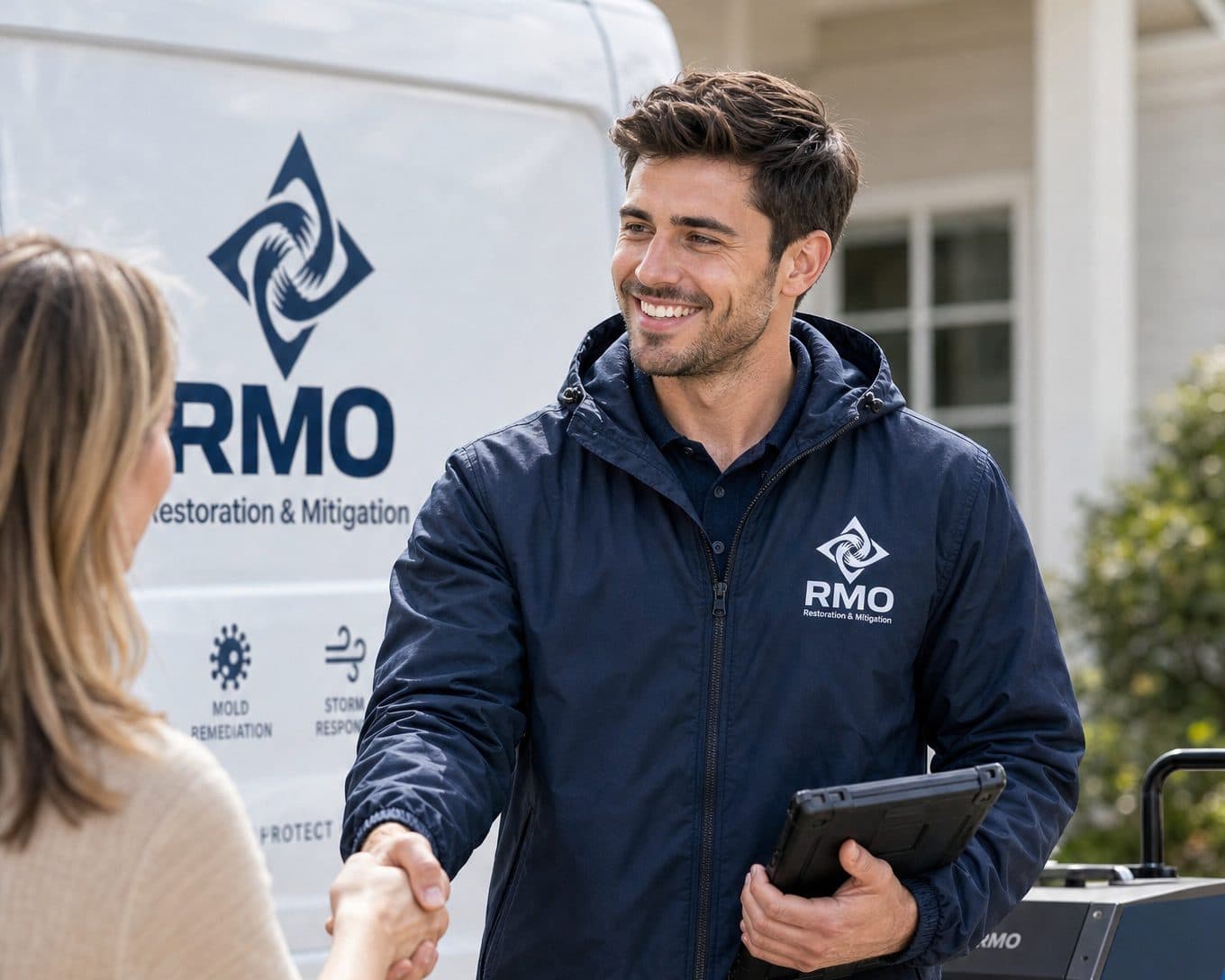 RMO technician shaking hands with a homeowner beside the RMO van