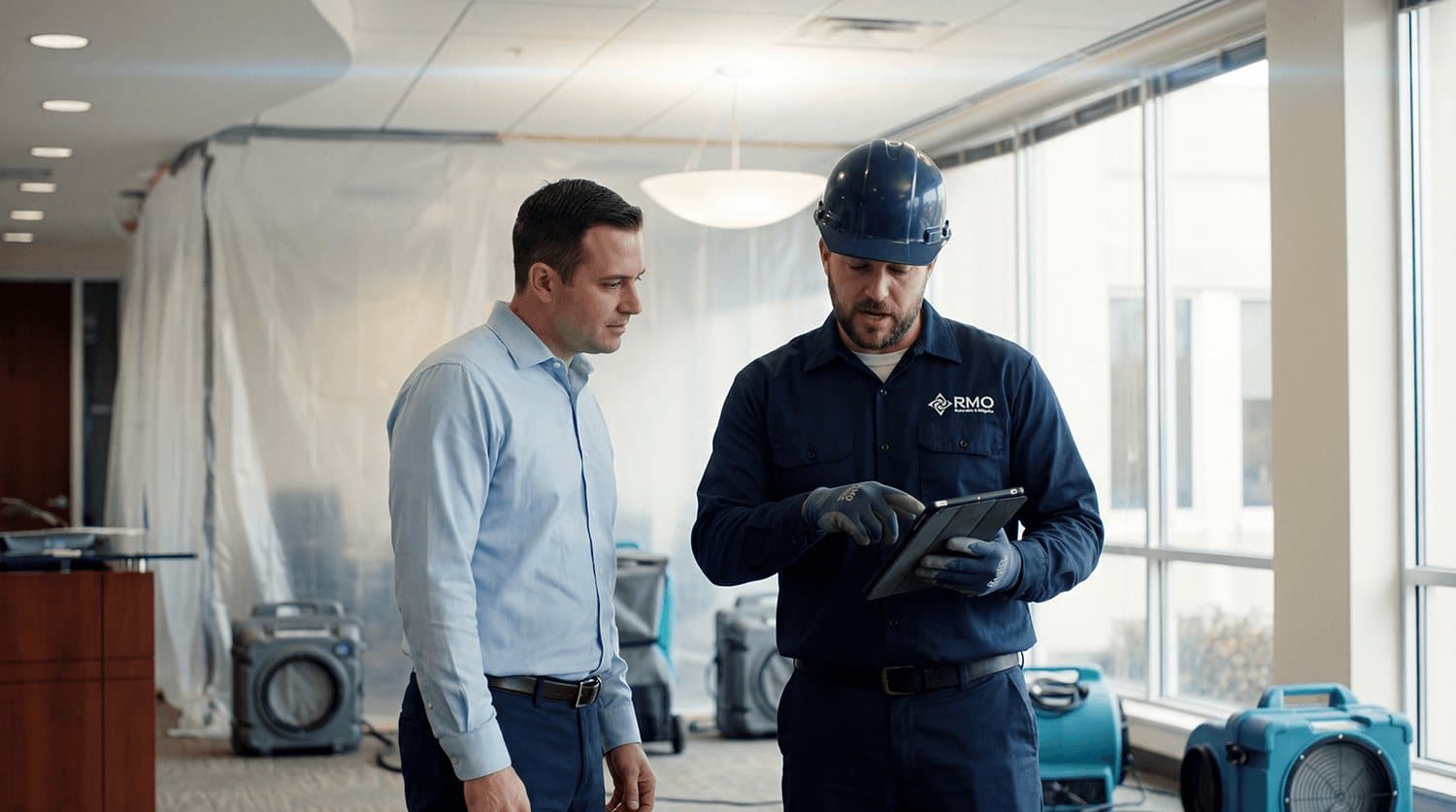 RMO technician reviewing drying progress with a client in an office