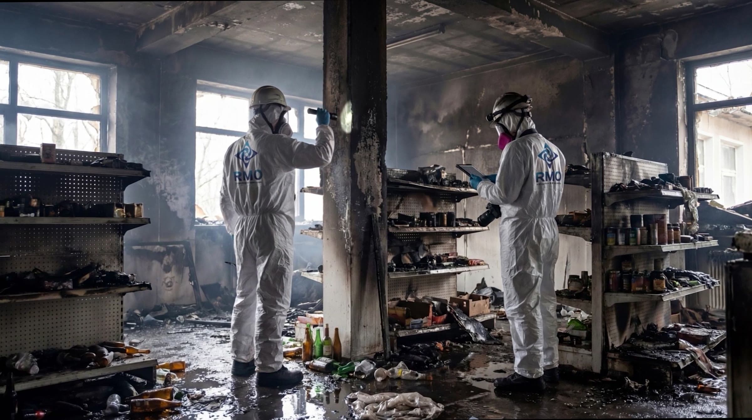 Two RMO technicians in protective suits inspecting a fire-damaged store