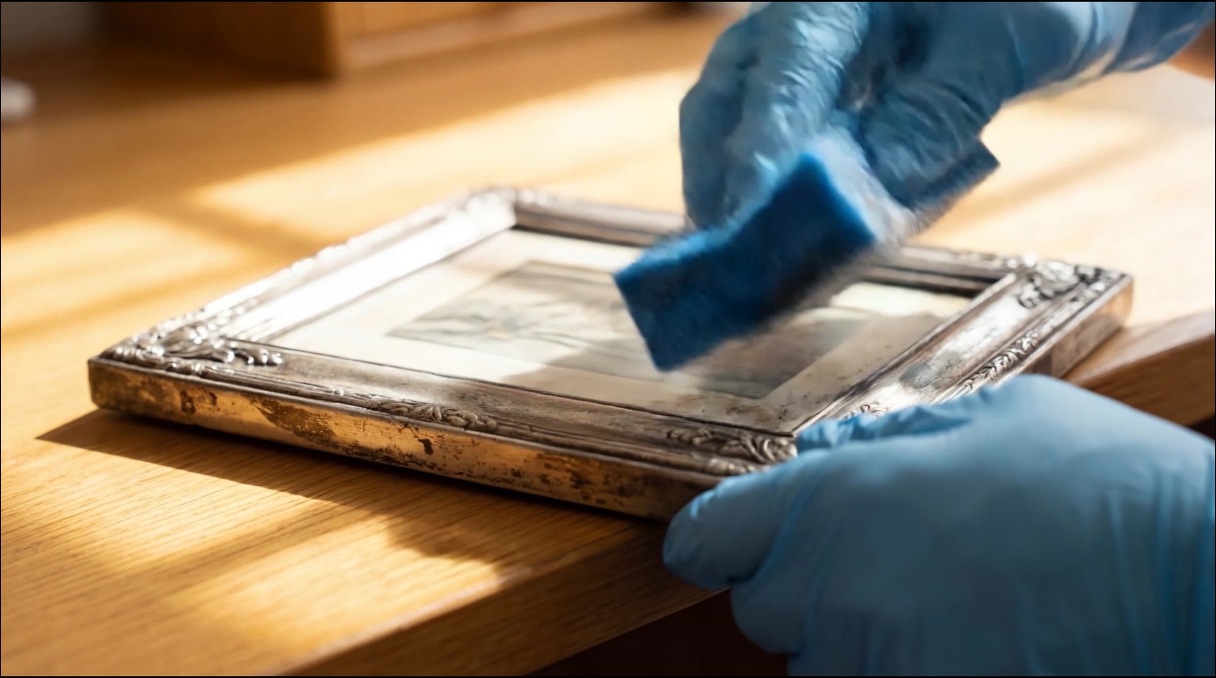 Gloved hands cleaning a silver picture frame