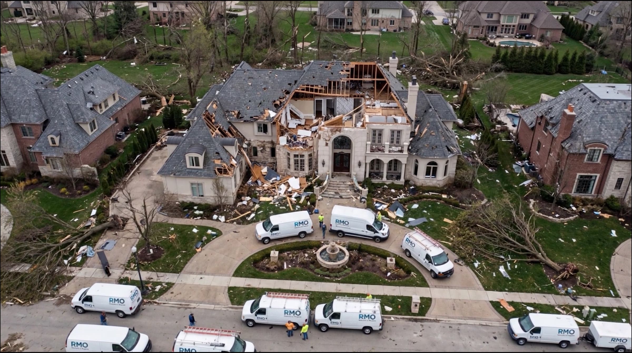 Aerial view of RMO vans outside storm-damaged homes